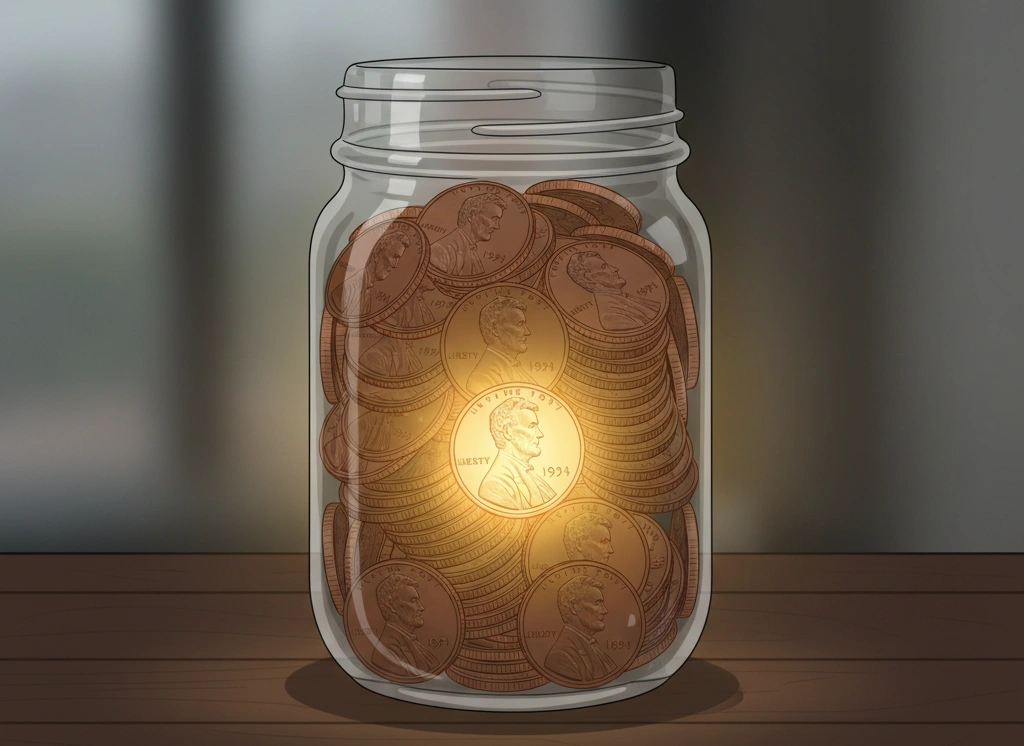 A jar of pennies with one 1994 penny glowing