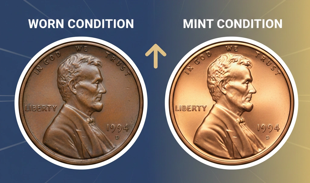 A comparison of worn vs mint condition 1994 penny