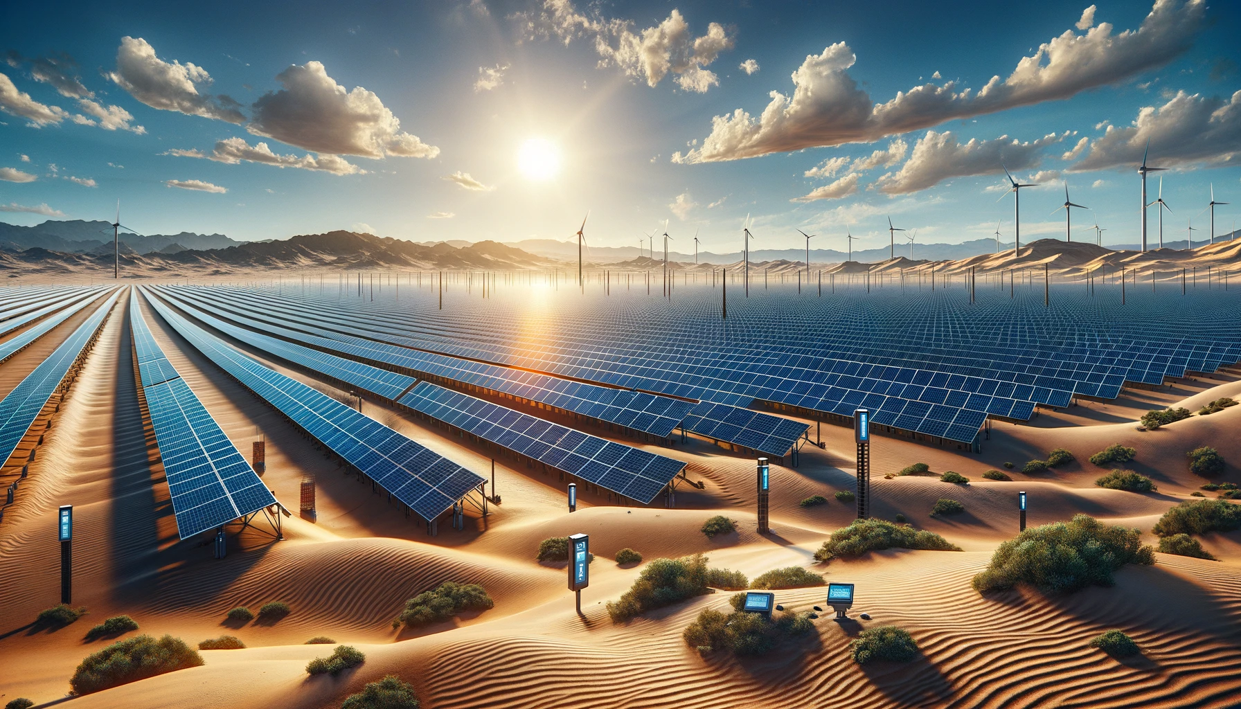 a vast solar farm in the Mojave Desert, showcasing arrays of solar panels stretching into the horizon under a clear blue sky. The solar panels are equipped with advanced GPS devices visible on the edges.