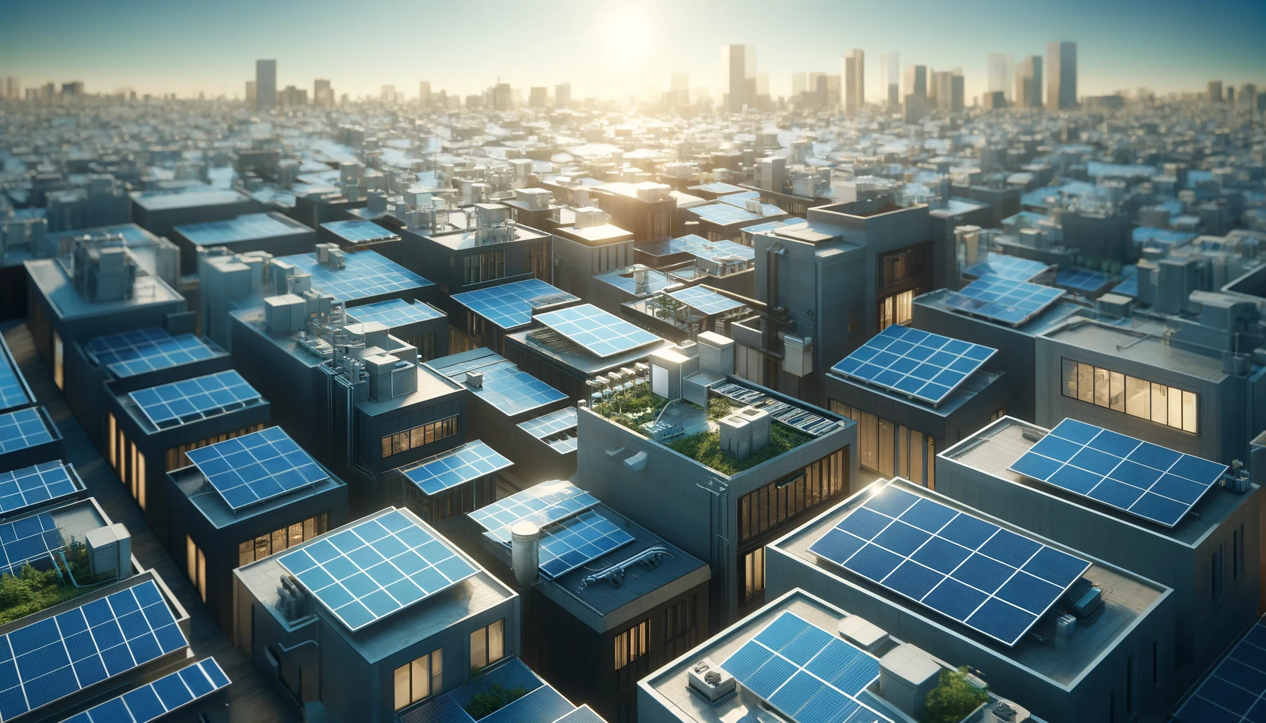 an urban landscape with numerous rooftop solar panels. The scene is set during a bright sunny day, with clear skies.