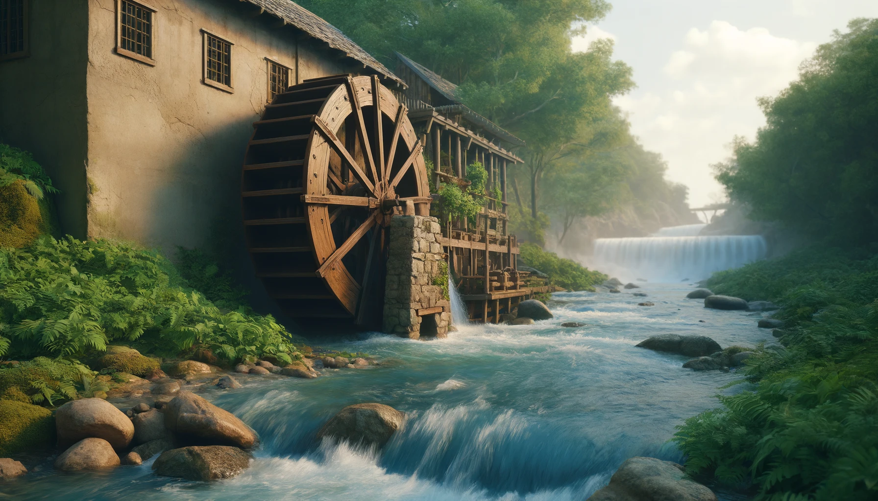 an ancient water mill beside a flowing river, surrounded by lush greenery.