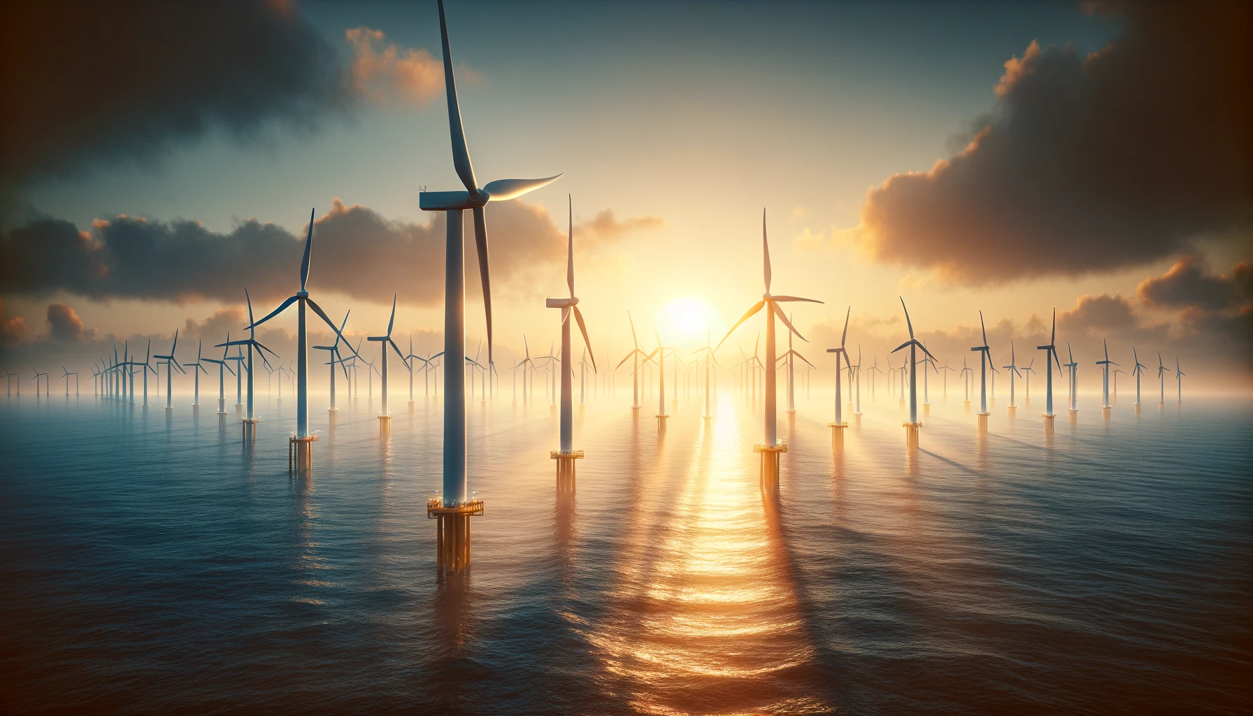 an offshore wind farm at sunrise, with the sun casting a golden glow over the sea.