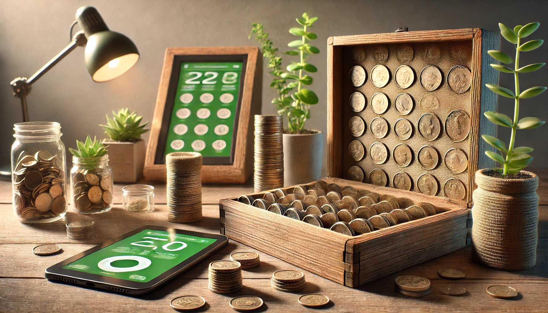 eco-friendly coin storage solutions: recycled and biodegradable coin holders, sustainably sourced wooden display cases, and a small bamboo cabinet.