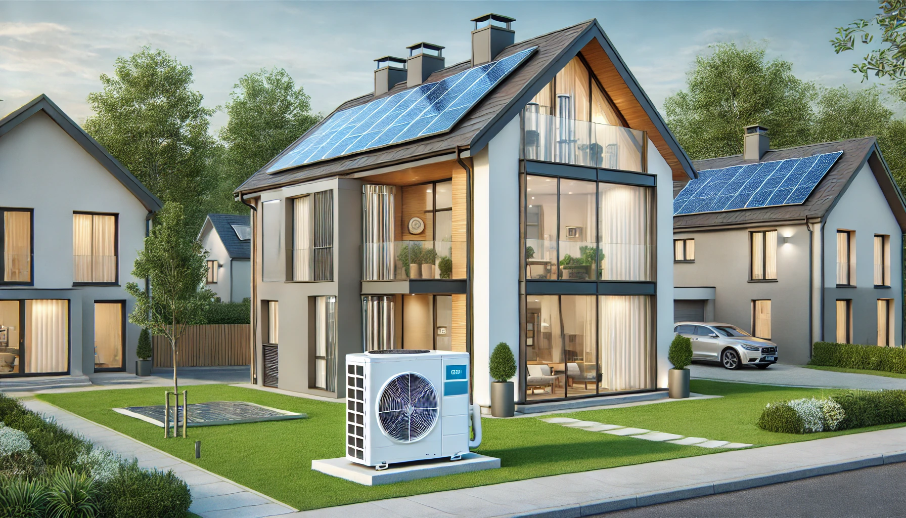 a modern house equipped with an air source heat pump.