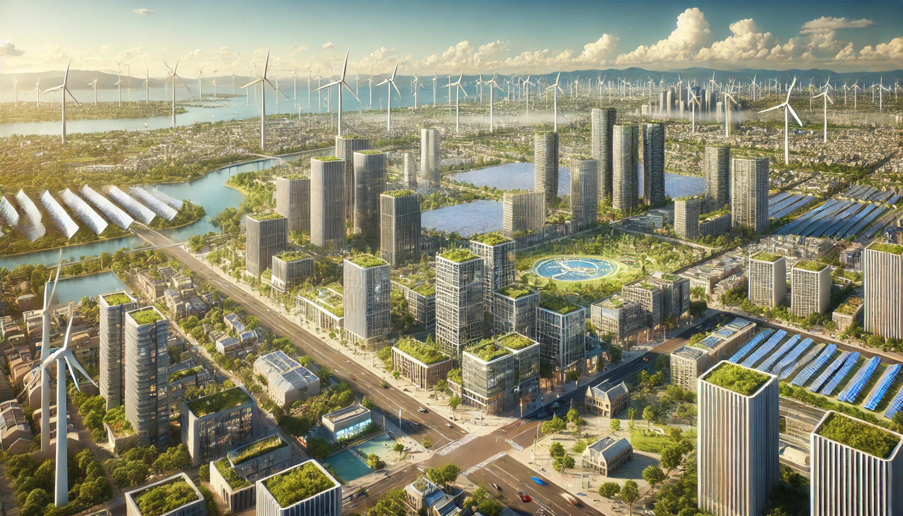a modern cityscape heavily integrated with renewable energy solutions.
