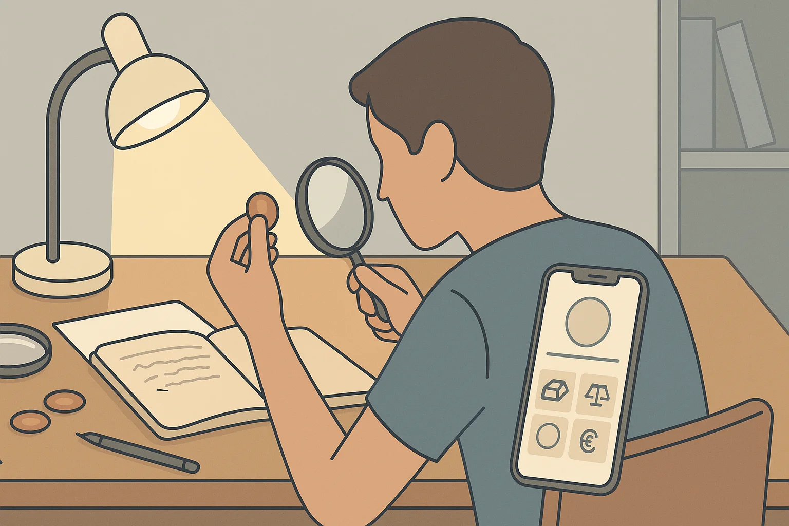 A student is examining a coin via a magnifying glass and an iPhone app.