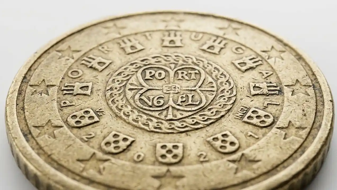 Macro shot of a worn 50 euro cent