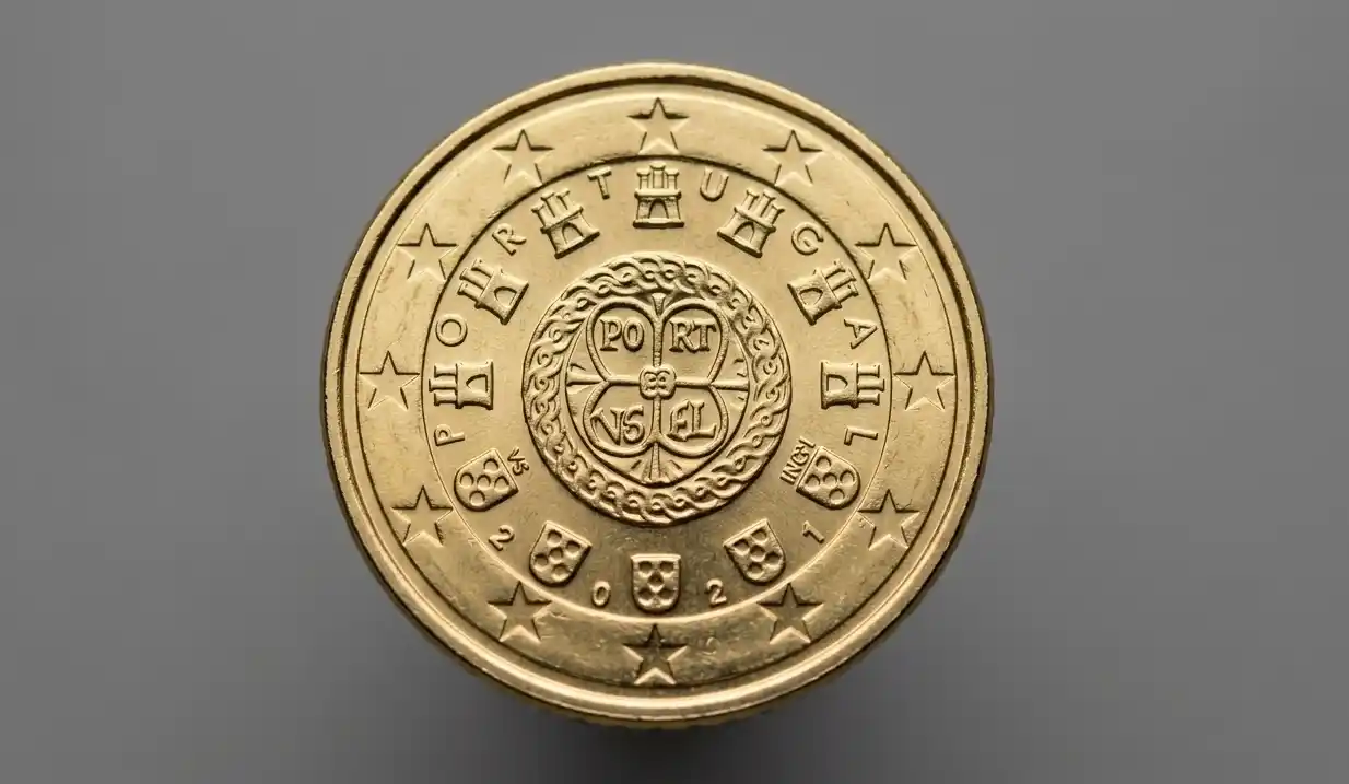 Clean close-up of an uncirculated 50 euro cent coin